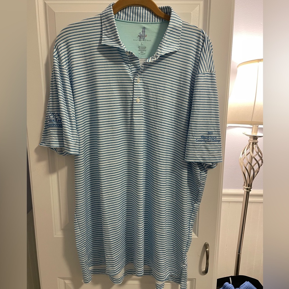Johnnie-O Featherweight Golf Polo Mens L Blue Stripe Performanc UPF 50 Joey Fund